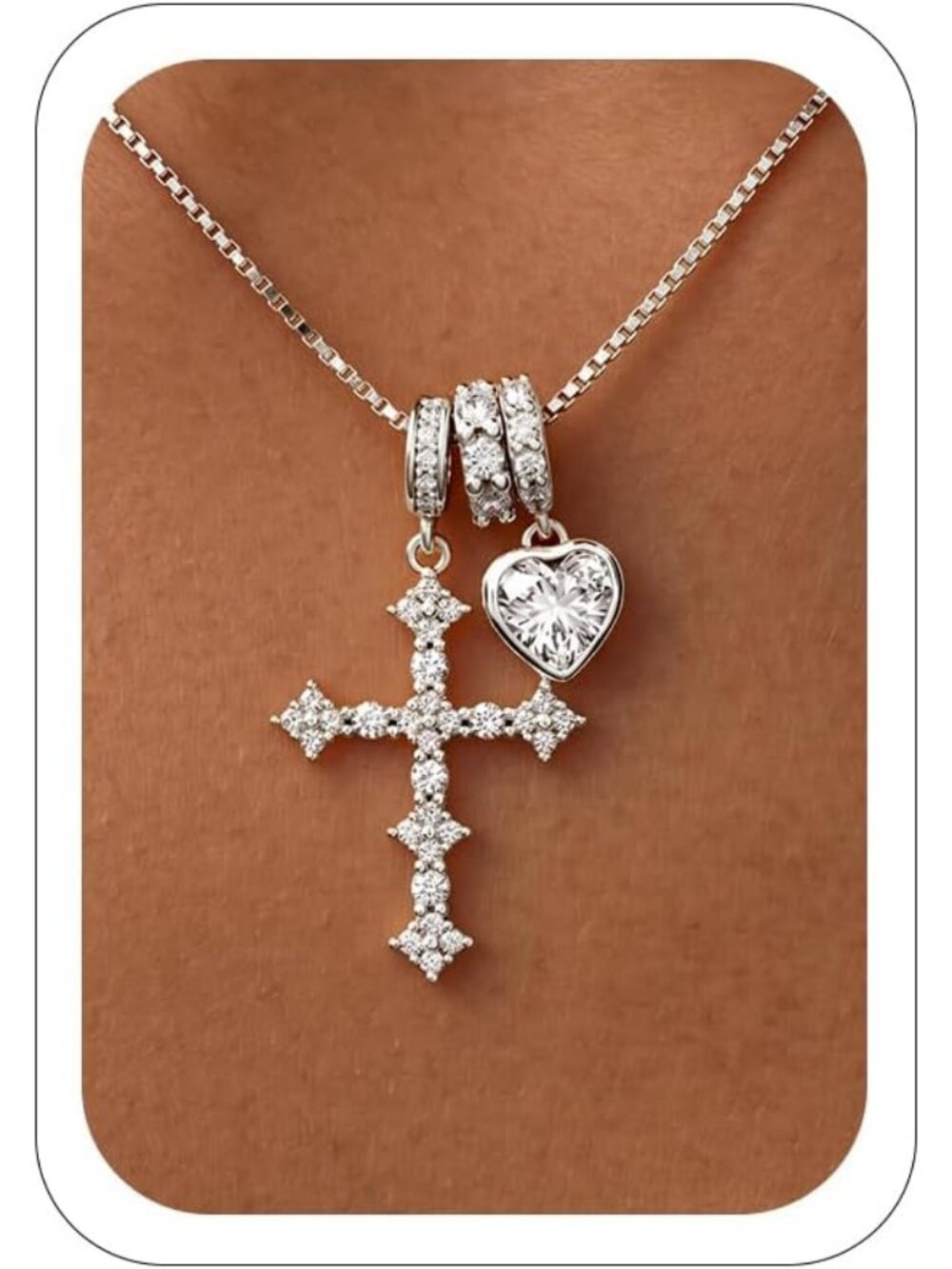 Sparkling Crystal Pendant Cross Necklace, Clear Solitaire Heart Charm, 14K Gold